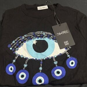 Lauren Moshi Black Top with Vibrant Blue Eye Design